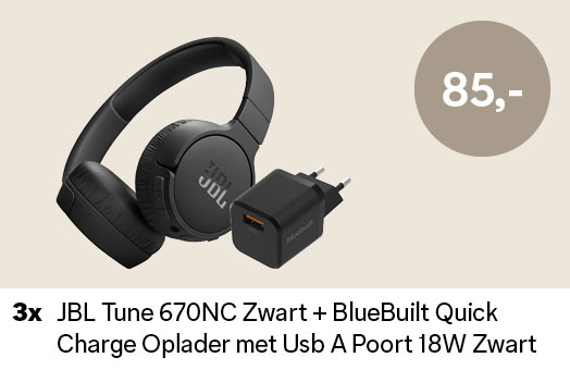 3 x JBL Tune 670NC Zwart + BlueBuilt Quick Charge Oplader met Usb A Poort 18W Zwart t.w.v. €85